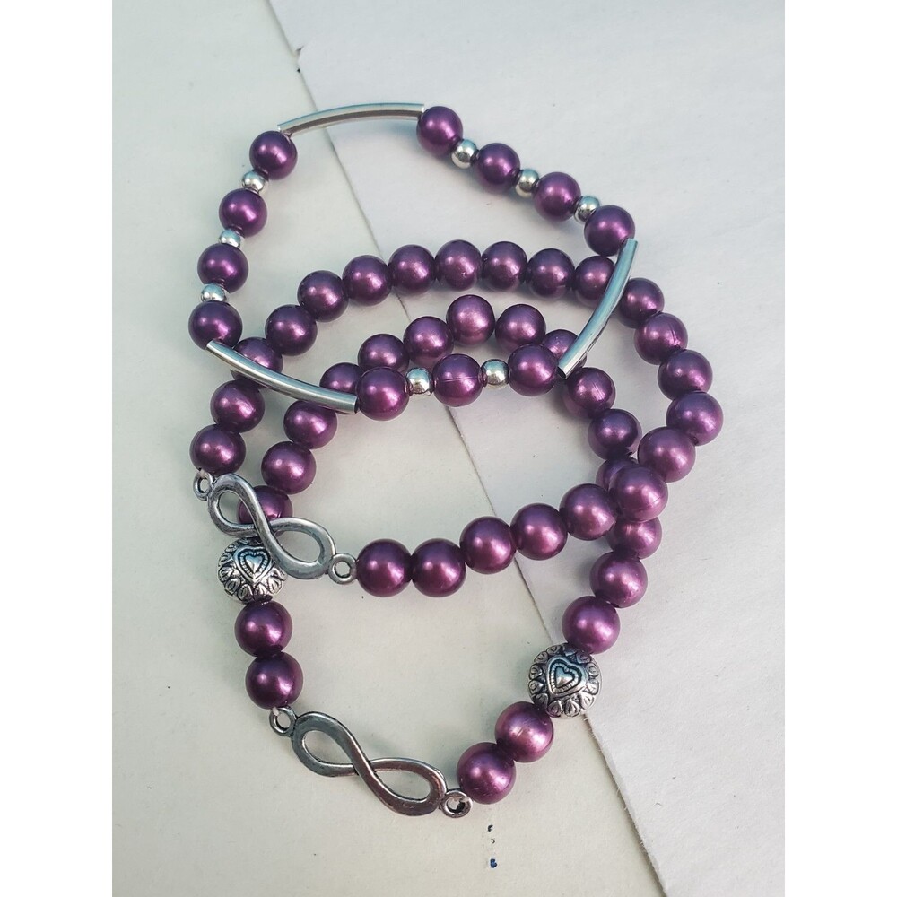 Vintage Purple Faux Pearl Infinity Charm Toggle Bracelet Stack Set Preowned